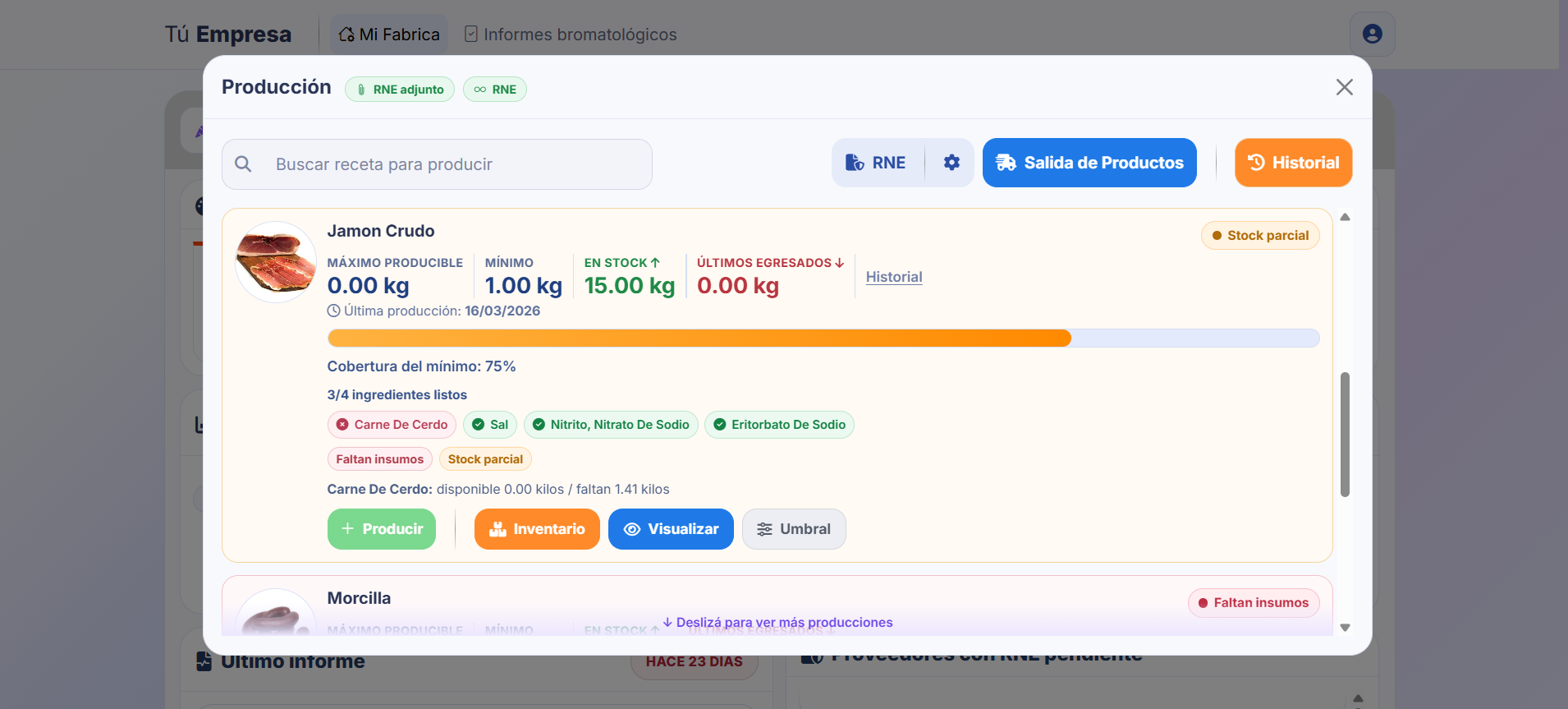 Módulo de producción con control de insumos y stock parcial en BackOffice ABR